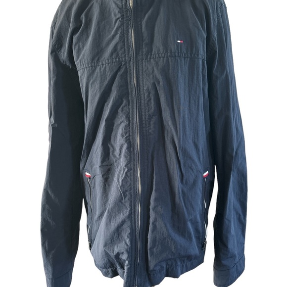 Tommy Hilfiger Dark Navy Blue Windbreaker Jacket Logo Hidden Hood EUC - Picture 3 of 9